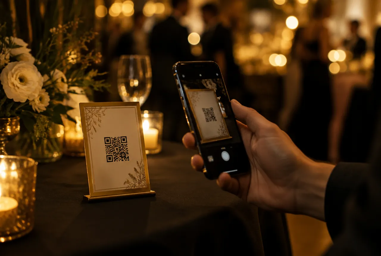 A guest scanning the HALO QR code at an elegant event table
