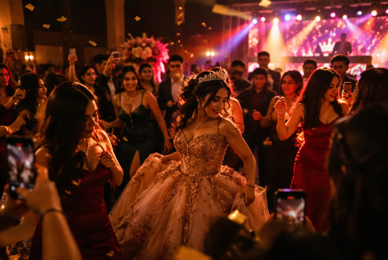 A quinceañera celebration with guests dancing and filming the moment