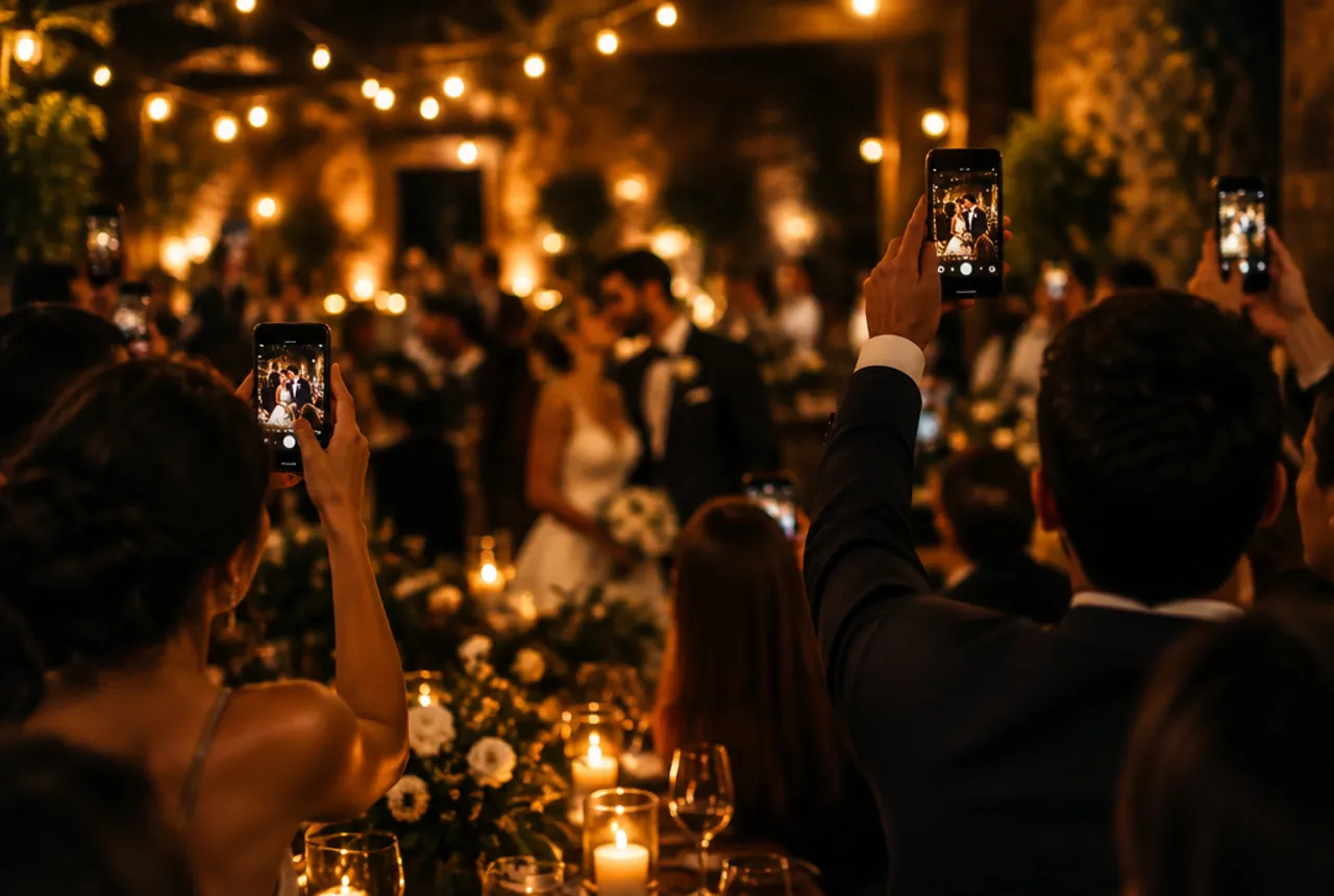Wedding guests raising their phones to capture the couple